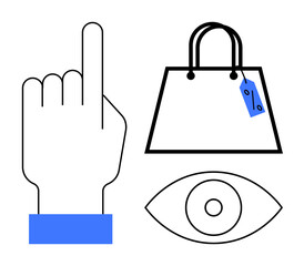 Fototapeta premium Hand pointing upwards, shopping bag with tag, and eye icon in minimalist line art style. Ideal for online shopping, marketing strategies, consumer behavior, visual search, user interface, digital