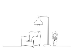 Continuous one line drawing of living room interior. Armchair ,flloor lamp and house plant in single line draw illustration. Editable stroke.