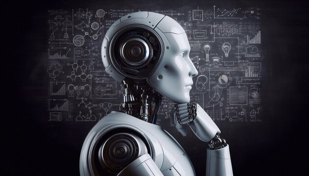 Humanoid robot thinking, side view, isolated on blackboard background