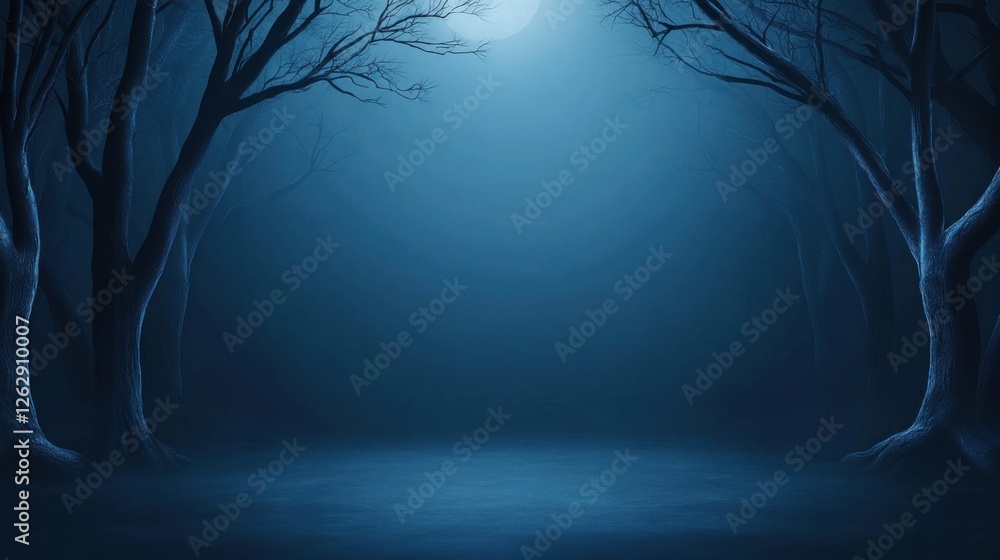 Poster mystical moonlit forest scene with bare trees creating an enigmatic and ethereal atmosphere at night