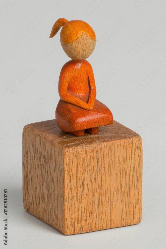 Wall mural Wooden figurine of a girl sitting on a cube, showcasing craftsmanship and creativity. Ideal for artistic or educational themes.