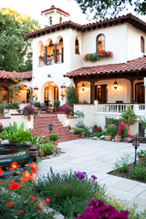 Obraz premium Mediterranean-style villa with red tile roof, white walls, a beautiful garden, fountain, and outdoor lighting.
