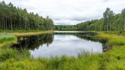 Serene lake surrounded by forest, tranquil scene, cloudy day, nature photography, scenic view