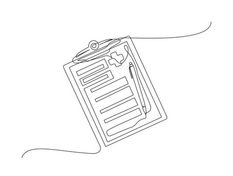 Continuous one line drawing of clipboard and pen design. Clipboard with checklist and pen in single line draw illustration. Editable stroke.