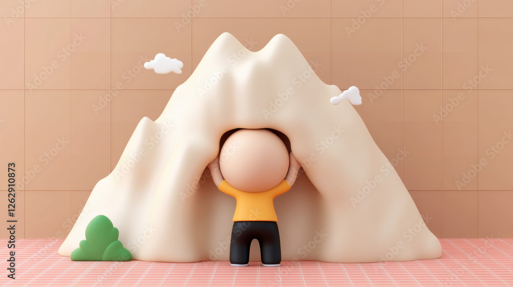 Poster a character interacting with a playful mountain structure, symbolizing exploration and creativity.