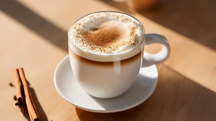 Obraz premium Cappuccino in a glass mug on oak table, cinnamon sprinkle, minimalist flat lay, commercial use»