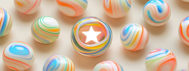 A photo of iridescent marbles with rainbow swirls.
