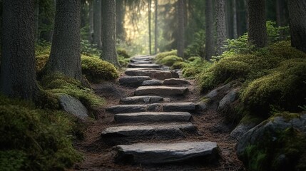 A weathered stone path leading through an ancient forest, symbolizing the journey of life and wisdom gained along the way.