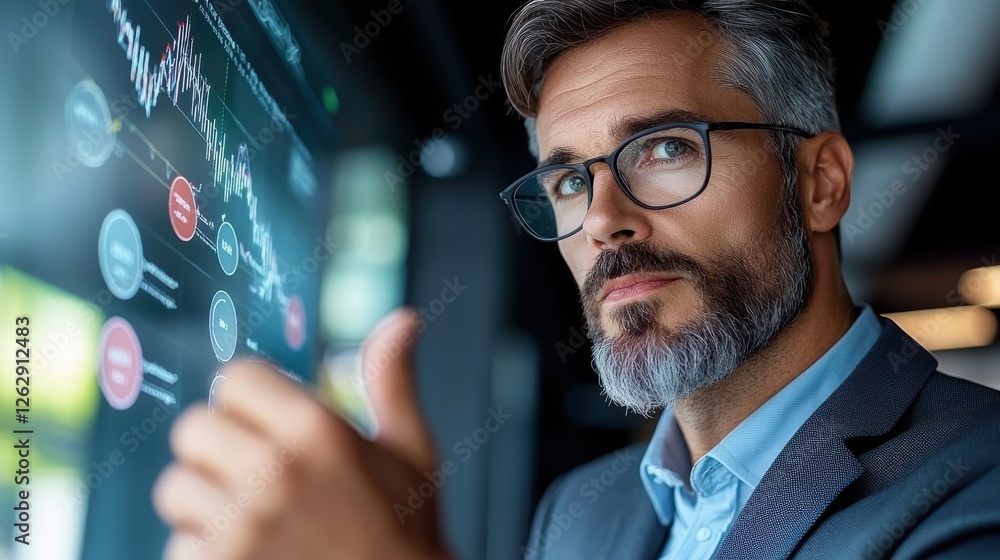 Poster bearded professional business executive gesturing while explaining key market insights and data visu
