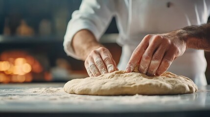 Baker kneading dough on a wooden surface in a warm kitchen.
