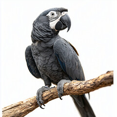 Fototapeta premium Elegant Hyacinth Macaw: A majestic Hyacinth Macaw, its vibrant blue feathers contrasting against its dark grey body, perches gracefully on a weathered branch.