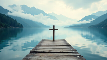 A serene landscape with a wooden dock and cross in the water under a mountain backdrop.