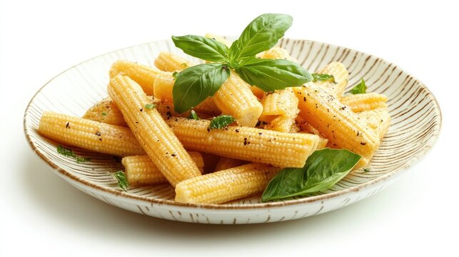 A simple plate of fresh baby corn with a few green leaves for garnish, isolated on white.