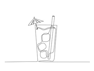 Continuous one line drawing of fresh juice on the glass. Healthy juice with garnish in single line draw illustration. Editable stroke.