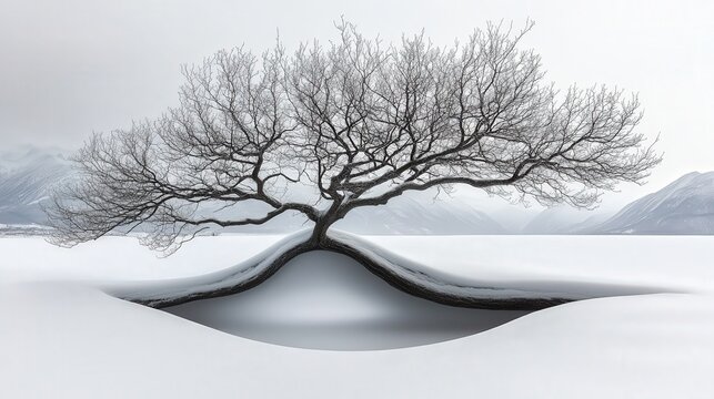 snowy field, the tree skeletal branches create intricate patterns against the overcast winter sky