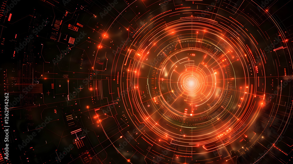 Poster abstract digital background with glowing circular patterns and vibrant red hues, suggesting technolo