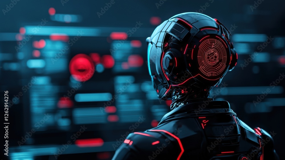Poster a cybernetic humanoid figure surrounded by a holographic interface and immersed in a futuristic high