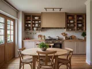 Fototapeta premium Light Wood Kitchen With Wooden Chairs And Open Shelving
