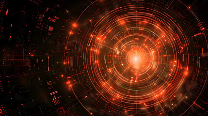 Abstract digital background with glowing circular patterns and vibrant red hues, suggesting technology