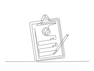 Continuous one line drawing of clipboard and pen design. Clipboard with checklist and pen in single line draw illustration. Editable stroke.