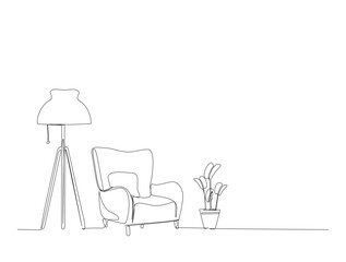 Continuous one line drawing of living room interior. Armchair ,flloor lamp and house plant in single line draw illustration. Editable stroke.
