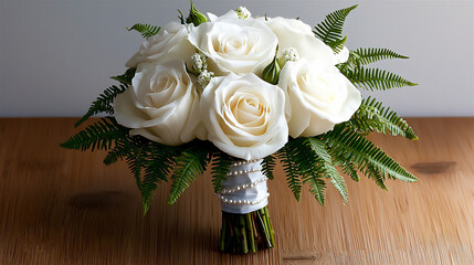  minimalist white rose and fern bouquet