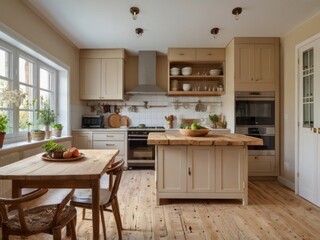 Rustic Kitchen Design With Wooden Island And Beige Cabinets