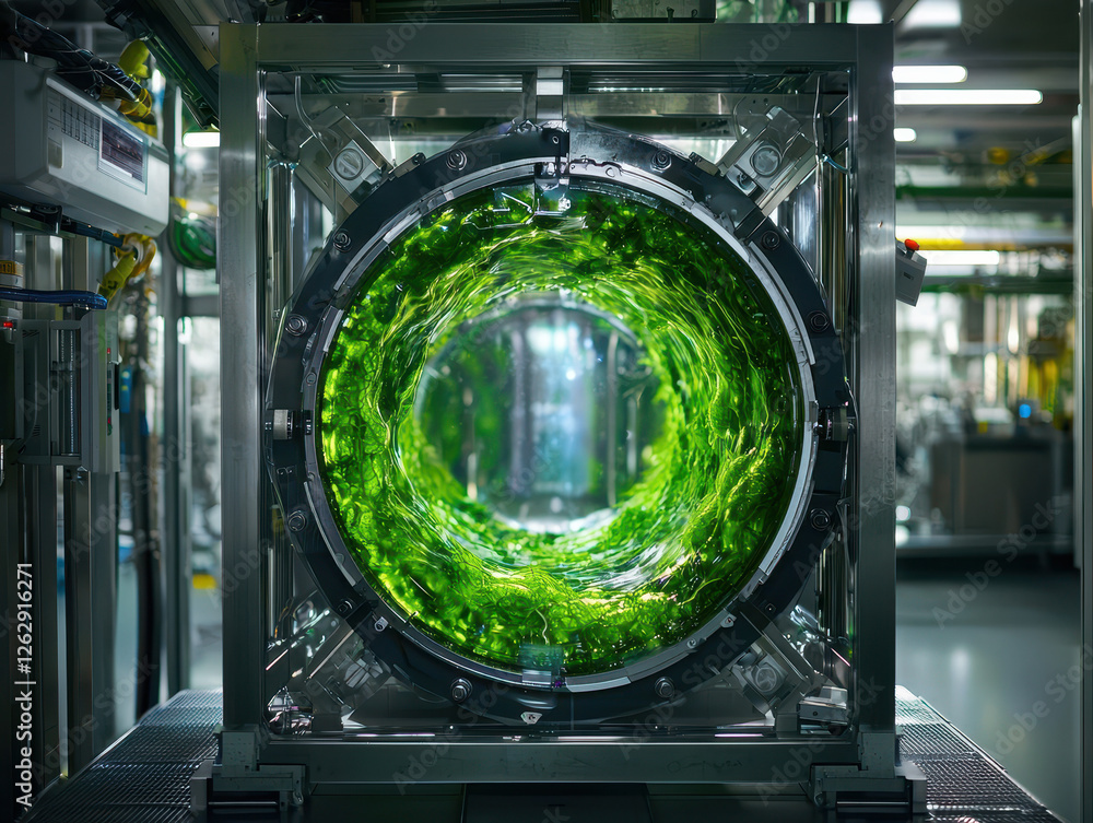 Poster bubbling algae culture in a high-tech bioreactor showcasing renewable energy innovation in a futuris
