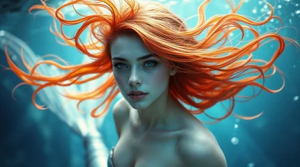 Wonderful mermaid red hair underwater world.
