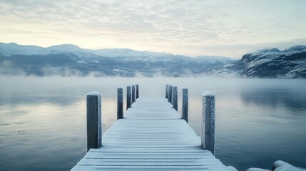 winter shines at a Norwegian pier, its frosted beams extending into a tranquil fjord framed by majestic mountains