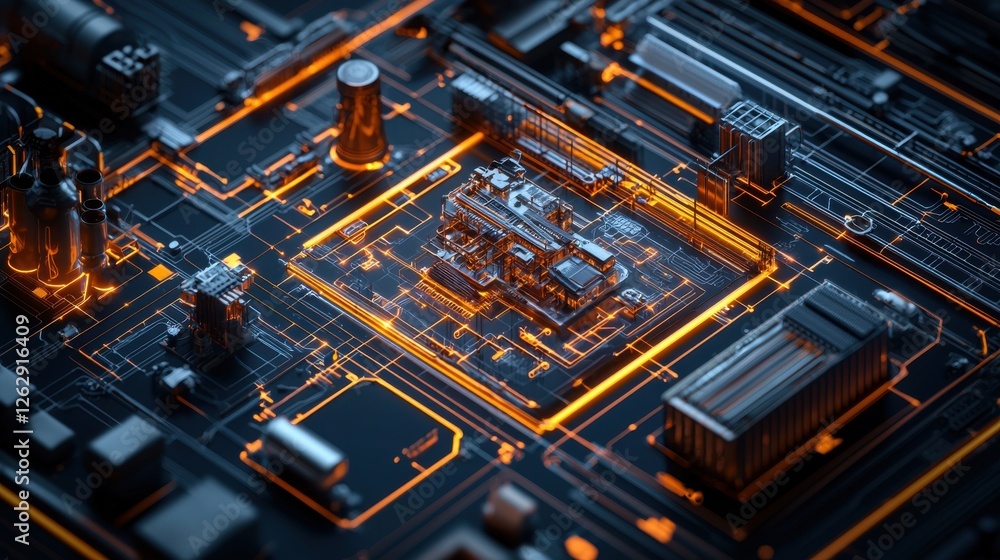 Poster a high tech construction site featuring a complex network of futuristic electronic circuits engineer