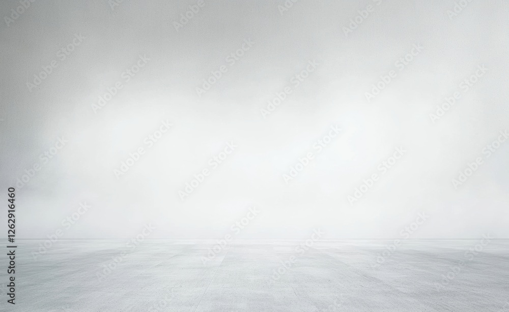 Poster Empty white studio space featuring a foggy backdrop and gray concrete floor. Ideal for product presentation or wall mock-up in a minimalist style