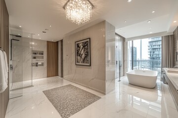 Luxurious modern bathroom features stunning design elements and a serene atmosphere with panoramic city views