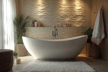 Relaxing modern bathroom with elegant freestanding tub and warm lighting in a serene setting