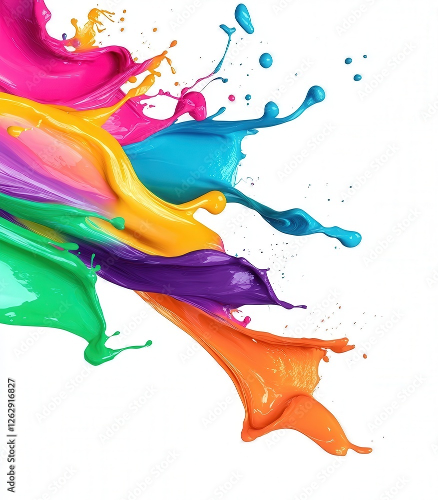 Poster white background with a beautiful array of colorful paint spills, flowing in an abstract pattern, cr