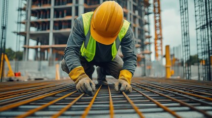 Worker in yellow helmet and vest installing steel rebar on a construction site with a modern high-rise building in the background