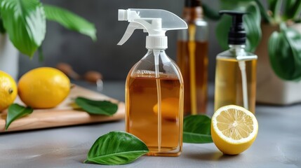 Fresh Lemon Extract and Herbal Spray Bottles on a Kitchen Table Surrounded by Green Leaves and Sliced Lemons