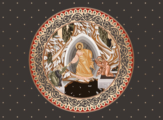 Resurrection of Jesus. Decorative vintage dome illustration in Byzantine style