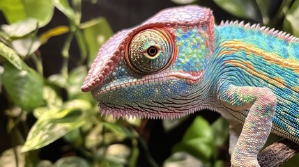 Obraz premium Chameleon close up eye portrait. Reptile animal nature photo exotic pet macro photo. Colorful scales Madagascar wildlife zoo photography.