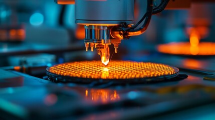 A wafer bonding machine operates efficiently, fusing silicon wafers together in a clean room environment. The intricate process highlights advanced technology at work.