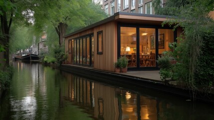 Obraz premium Wooden Houseboat On Canal With Warm Interior Light