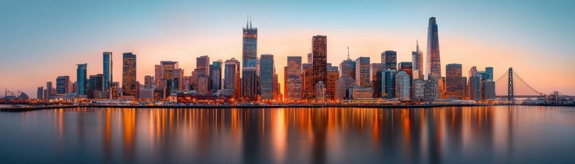 Fototapeta premium Breathtaking panoramic view of a vibrant city skyline at golden hour with a stunning reflection of the modern skyscrapers on the calm waters