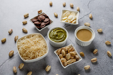 Trendy dubai chocolate ingredients for making dubai chocolate.