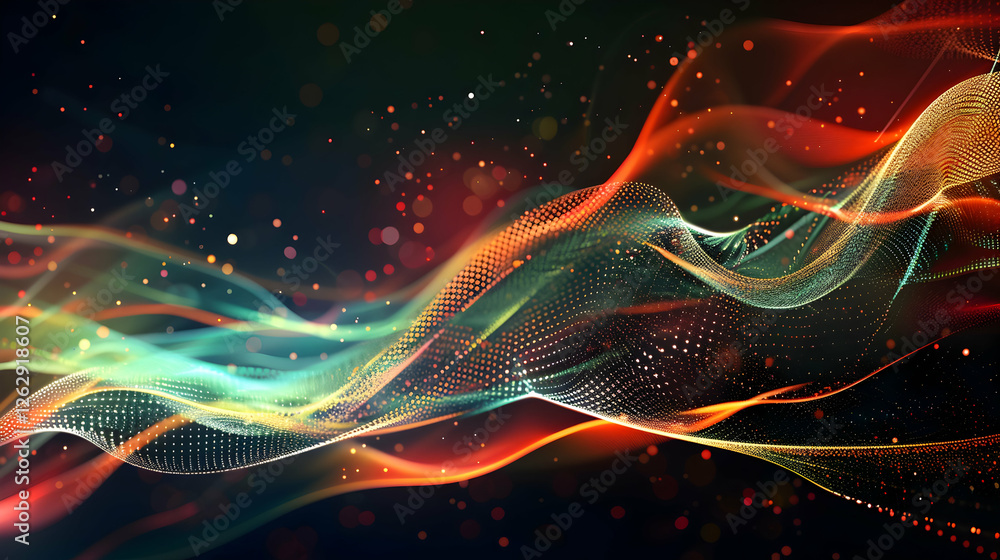 Poster colorful abstract waves with glowing particles flowing through a dark background, creating a vibrant