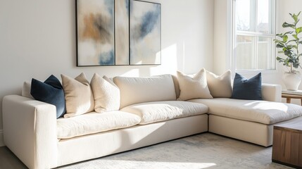 low-profile sectional sofa in a light sand color, styled with textured cushions, in a living room with soft sunlight and abstract wall art