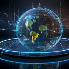 Global digital diagram featuring a futuristic planet hologram, globe on the world map, world map and globe, global business concept