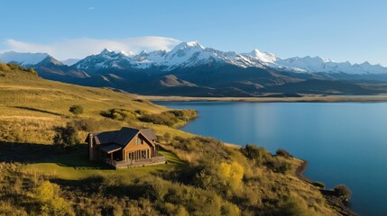 Fototapeta premium Rustic Cabin Nestled Beside Alpine Lake And Snow Capped Mountains