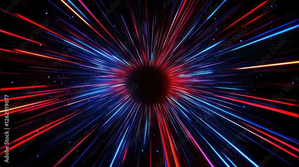 Poster Dynamic red and blue light streaks create a starburst effect, simulating high-speed motion through a cosmic tunnel against a dark starry background