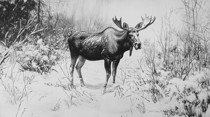  Winter Portrait of an moose. An moose in snow-covered bushes.Alaska moose, Tundra moose, Yukon moose (Alces alces gigas), female in winter, USA, Alaska