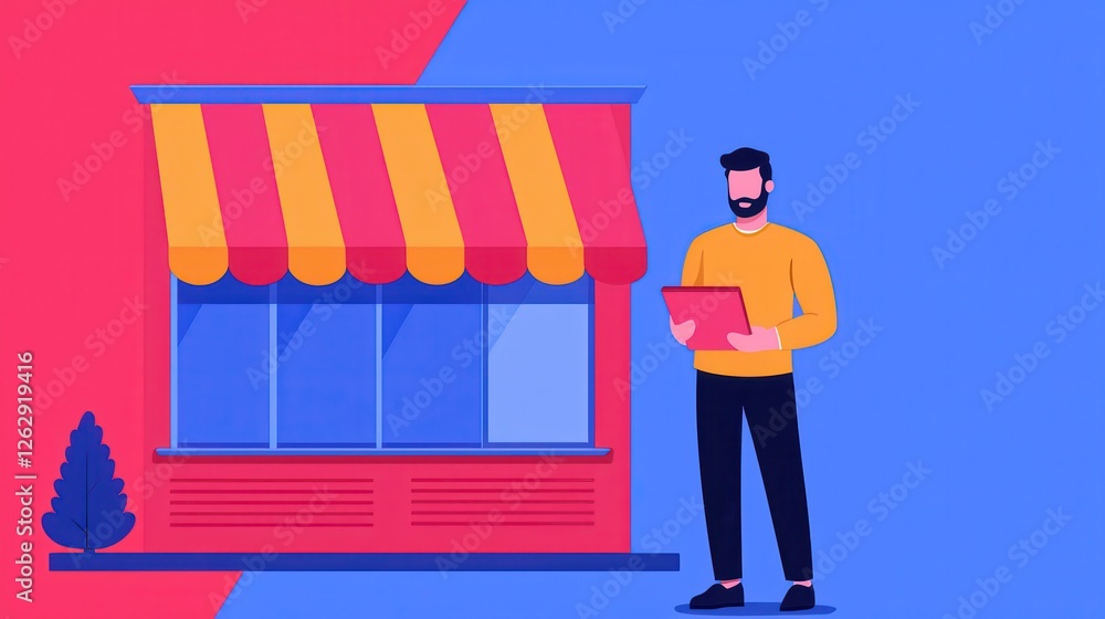Poster a man stands with a tablet in front of a colorful storefront, featuring bold stripes and large windo